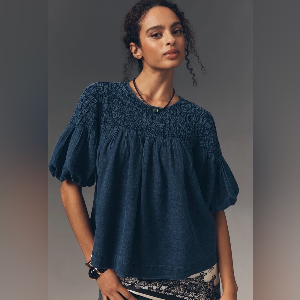 Anthropologie Liza Smocked Puff-Sleeved Denim Blouse